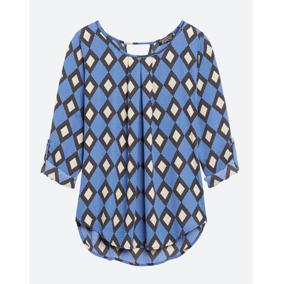 Papermoon Tops - Papermoon Pleated Geometric Blouse Blue Black Cream Large EUC